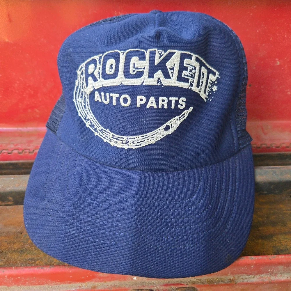 VTG Rocket Auto Parts Hat Navy Blue Mens OSFM Mesh Back Snapback Trucker Cap USA